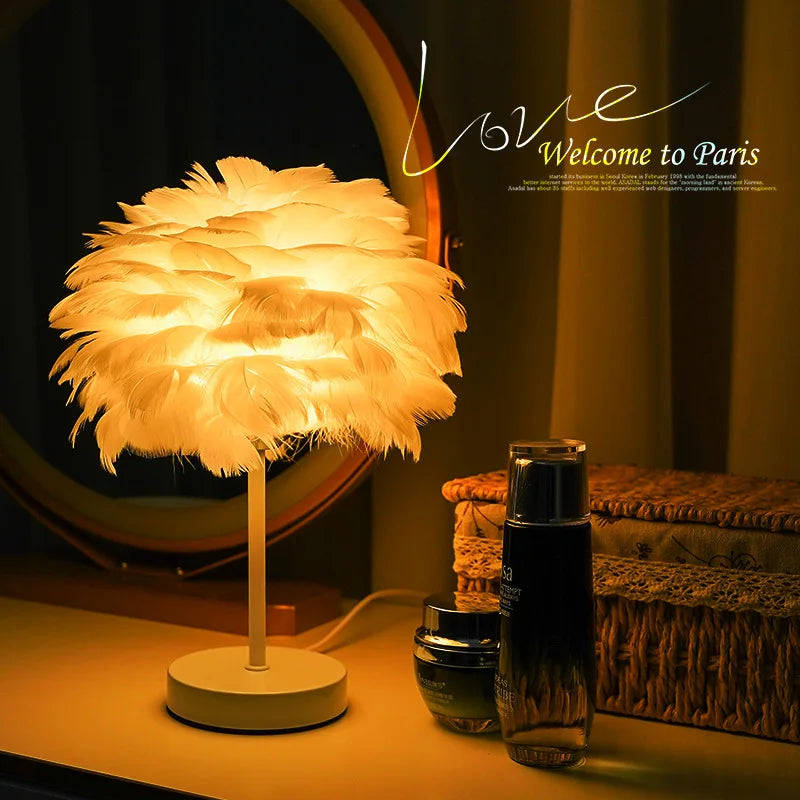 Nordic Decorative Feather Table Lamp Bedroom Bedside Lamp High Sense B & B Creative Ins Girl Heart Feather Lamp Light Luxury